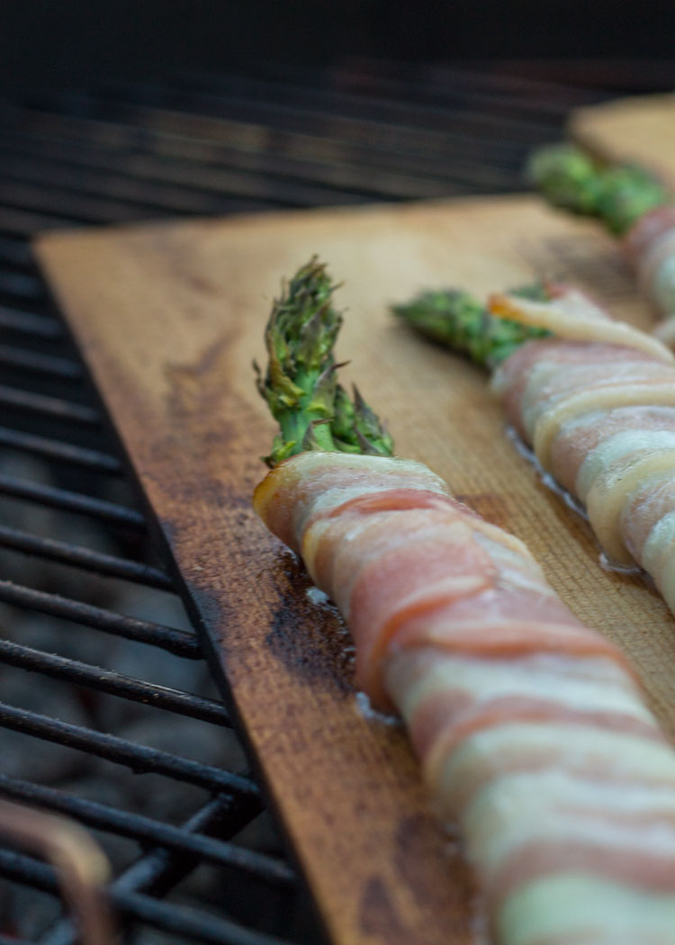 planked bacon wrapped asparagus on grill