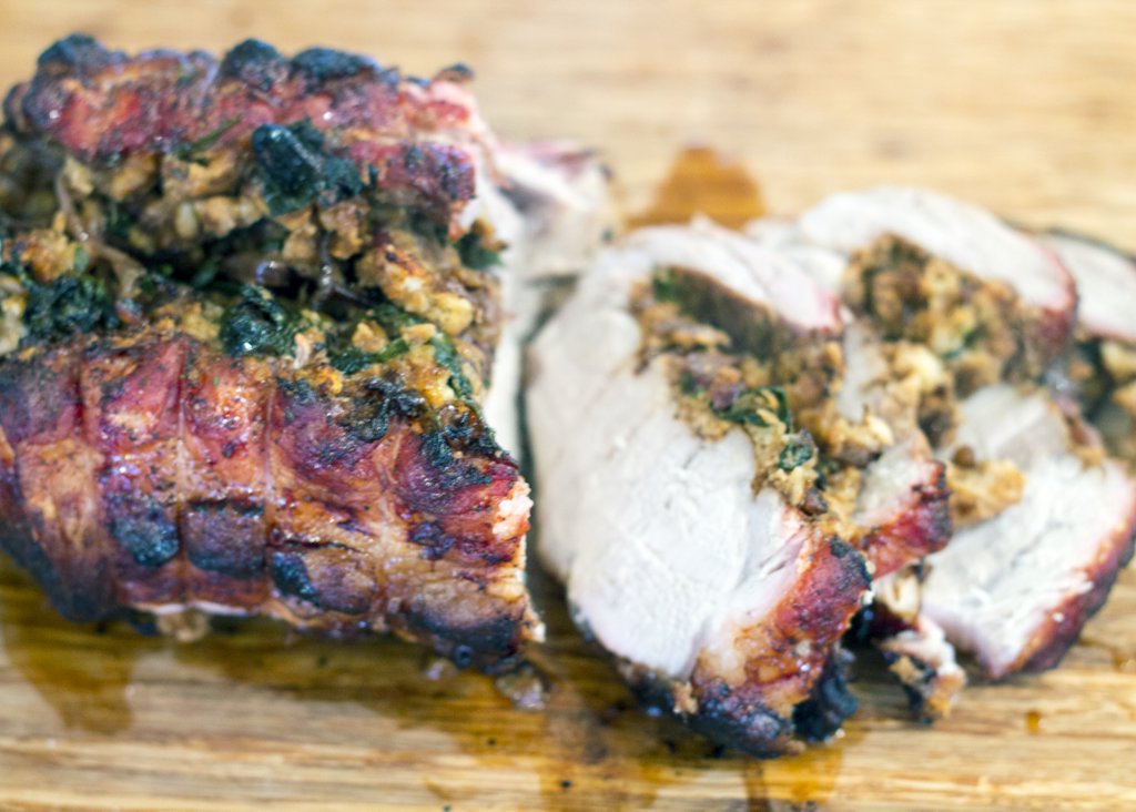 grilled stuffed pork loin sliced