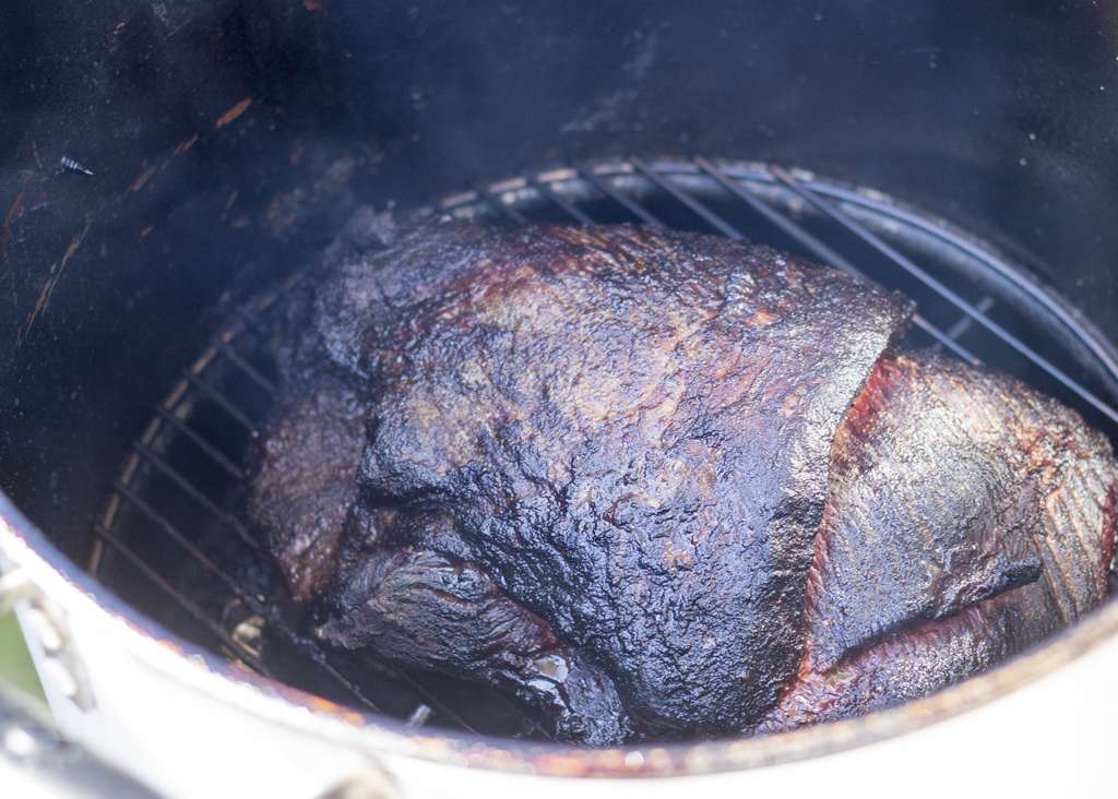 smoked brisket in smoker